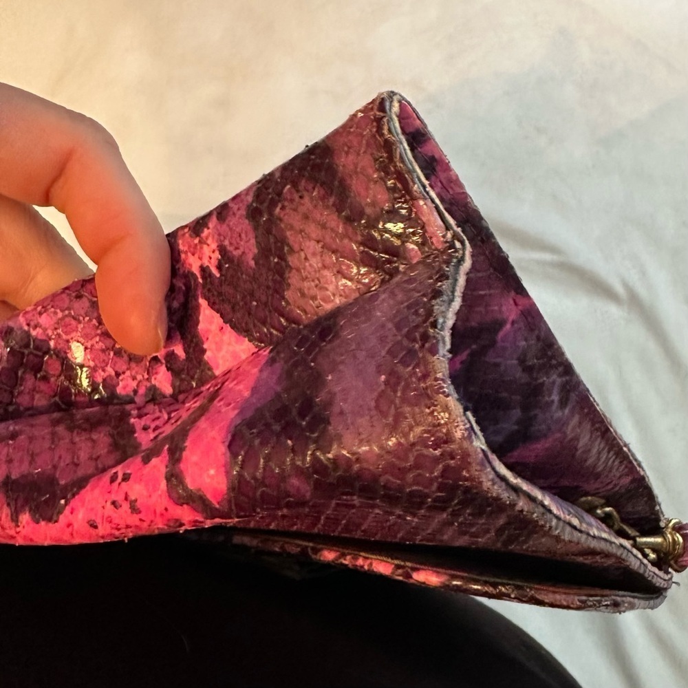 Vintage Pourchet Paris Pink Faux Snakeskin Large Clutch Purse Stripe Bow RARE - Picture 4 of 12